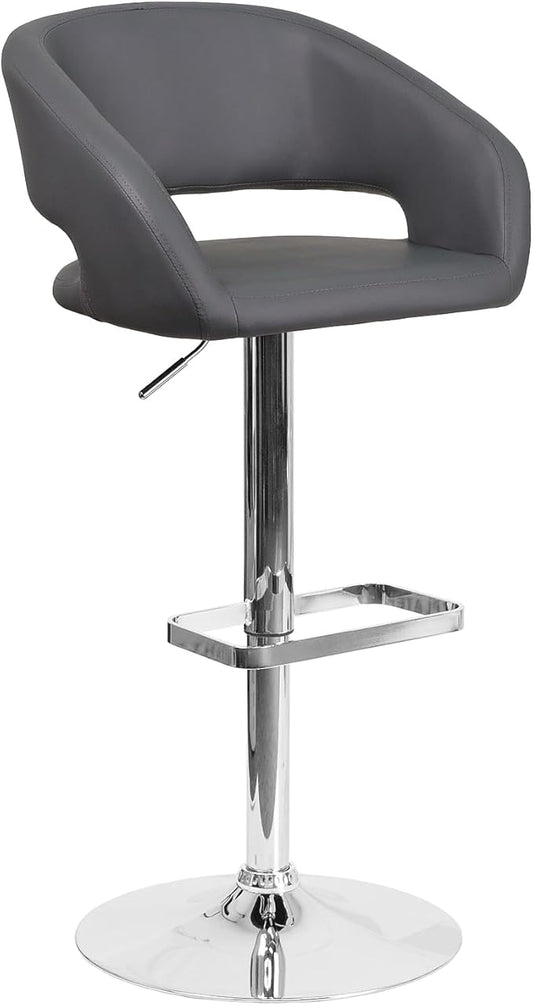 Flash Furniture Erik Comfortable & Stylish Contemporary Barstool with Rounded Mid-Back and Foot Rest, Adjustable Height - Gray Vinyl with Chrome Base