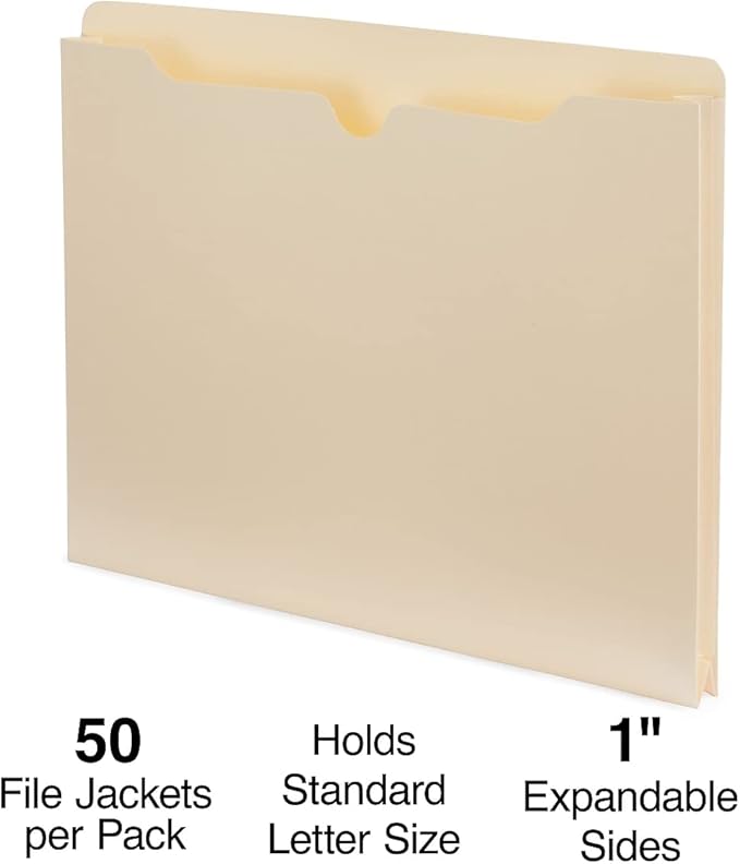 Staples File Jackets, Letter Size, 1‑Inch Expansion, Reinforced Manila Pocket Folders for Filing & Organization – 50/Pack
