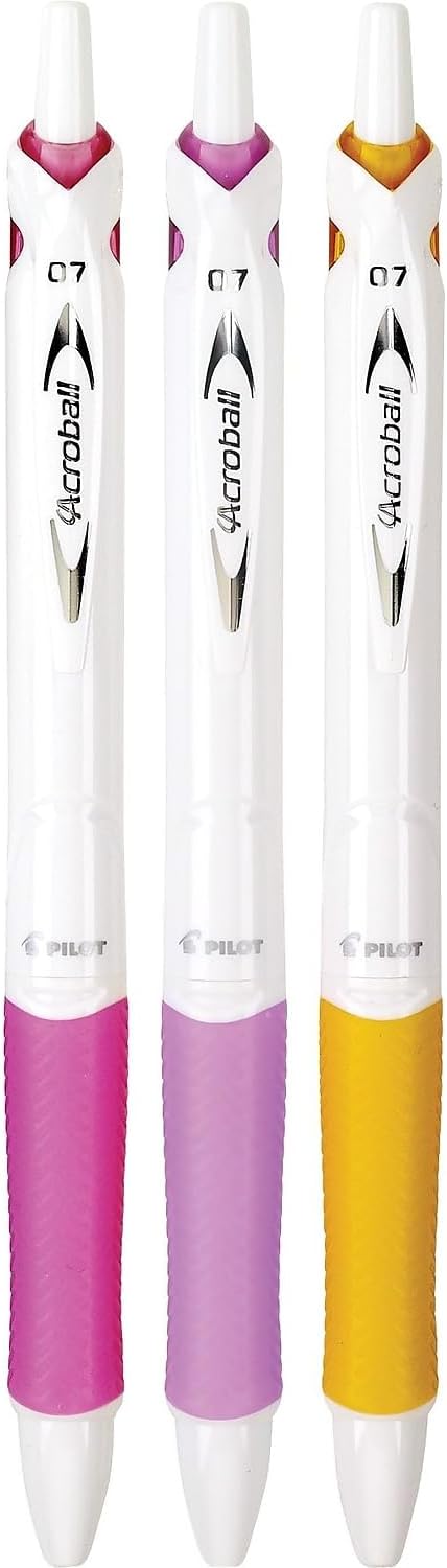 PILOT Acroball PureWhite Advanced Ink Refillable & Retractable Ball Point Pens with Pink/Purple/Orange Inks Accents, Fine Point, Black Ink, 3-Pack (31859)