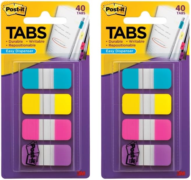 Post-it Tabs, .625 in Solid, Aqua, Yellow, Pink, Violet, 10/Color, 40/Dispenser (676-AYPV) (2 Pack)