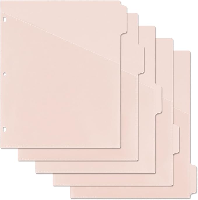 Koqye Binder Dividers with Pockets - 5 Plastic Dividers for 3 Ring Binders - A4 Bividers with Pocket & Tabs for Planners (Pink - 5 Tabs)