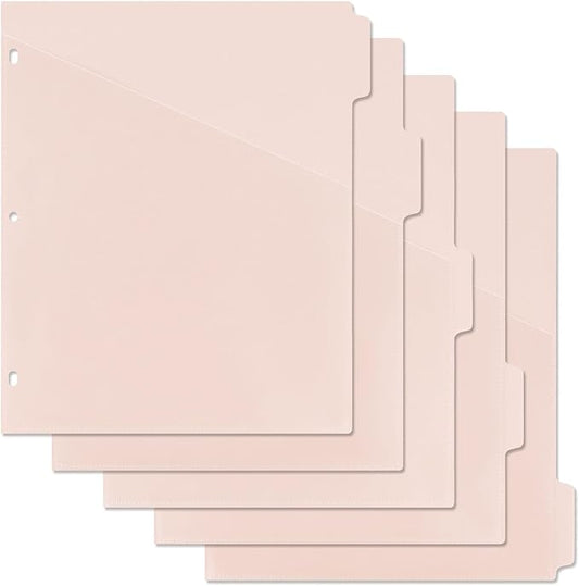 Koqye Binder Dividers with Pockets - 5 Plastic Dividers for 3 Ring Binders - A4 Bividers with Pocket & Tabs for Planners (Pink - 5 Tabs)