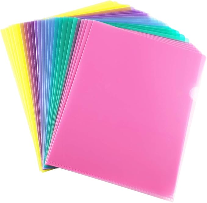 Sooez 25 Pack Clear Document Folder Project Pockets, Clear Plastic Folders Letter Size Plastic Document Folders Paper Poly Jacket Sleeves Folders Copy, 5 Assorted Colors