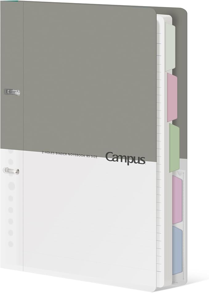 KOKUYO 5 Subject Spiral Notebook Journal, Campus 110 Sheets B5 Refillable Notebook with Dividers Tabs, 6mm Dot Lined Binder Notebook for Work School Note Taking. 9" x 10.5", Grey, Japan Import