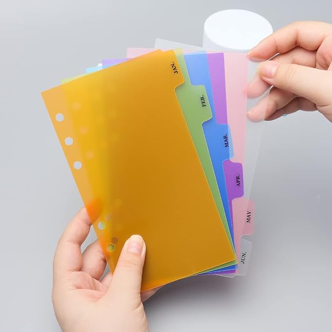 2 Pack A6 Binder Dividers 6 Tabs Bright Color Plastic Binder Index Tabs Planner Divider for Round Ring Binder Sheet Protector (Transparent, 12 Dividers)