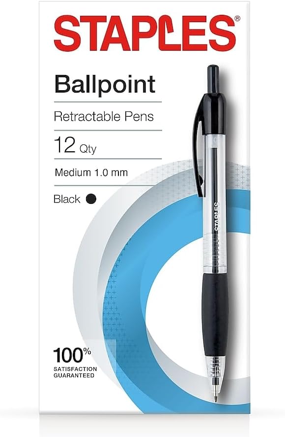 STAPLES Retractable Ballpoint Pens, Medium Point 1.0mm, Black Ink, 12 Pack – Comfortable, Smooth‑Writing Pens for Everyday Office Use