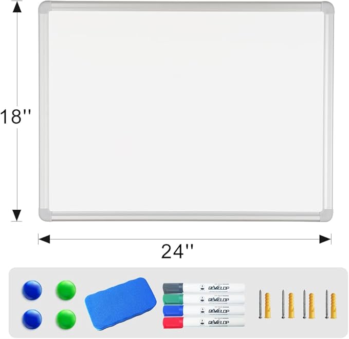 DEVELOP Magnetic Dry Erase Board 18x24 Inch, Small Aluminum Frame Wall-Mounted Whiteboard with Detachable Marker Tray, Hanging Writing Board for Home Office School Classroom