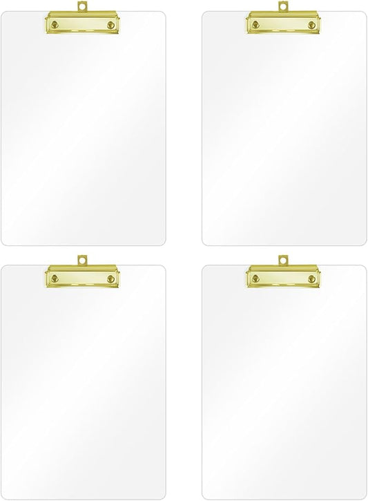 Honagu Acrylic Clear Clipboards, 8.5x11 Plastic Clipboard with Gold Strong Clip Hidden Hanging Hole, A4 Letter Size Clipboards for Nurses, Doctors, Art Student, Teachers,School & Office Supplies, 4PC