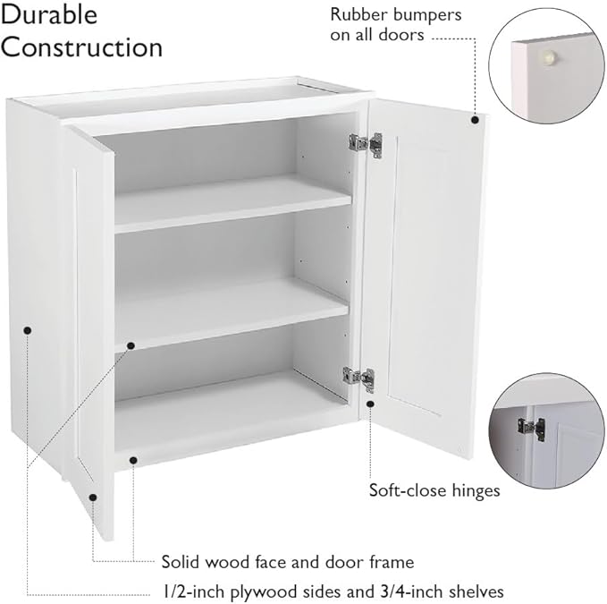 Design House Brookings Shaker Unassembled Wall Kitchen Cabinet W3630, 36 W x 12 D x 30 H, Painted White, Solid Wood, Design House, 561761