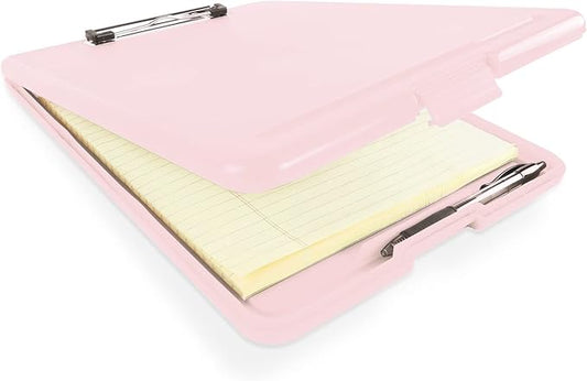 Clipboard with Storage Slim Folding for Nursing, Teachers, Coaches & Office, Plastic Heavy Duty with Pen Holder (9.5” x 13.5”) (Light Pink)