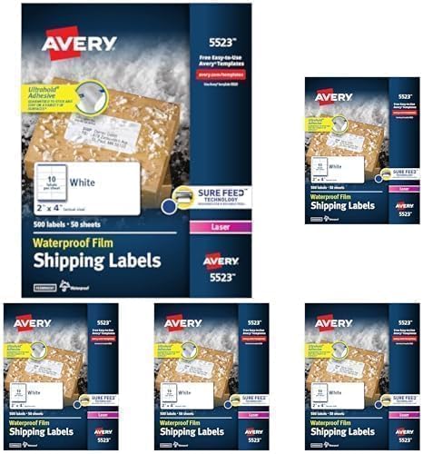 Avery Waterproof Labels with UltraHold Permanent Adhesive,2" x 4",500 Labels for Laser Printers (5523),(Pack of 5)