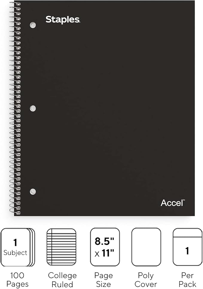 STAPLES Accel 1‑Subject Notebook, 8.5” x 11”, College Ruled, 100 Sheets, Black