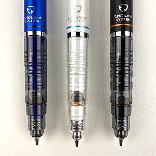 Zebra Pen DelGuard Mechanical Pencil 0.5mm, Black Ink, Black, Blue & White Barrel, Resists Lead Breaking, Double Spring Protection, Built-In Eraser, 3-Pack with Refills, Clip for Easy Carrying (58603)