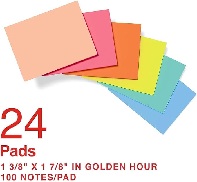 Staples Ultra Sticky Notes, 1 3/8" x 1 7/8", Golden Hour Colors, 2400 Sheets – Strong‑Hold Mini Notes for Tabs, Labels & Planning