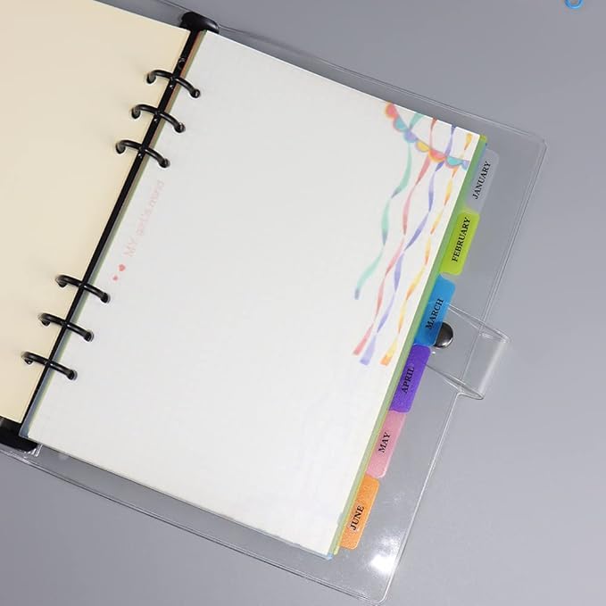 2 Pack A5 Binder Dividers 6 Tabs Bright Color Plastic Binder Index Tabs Planner Divider for Round Ring Binder Sheet Protector (Transparent, 12 Dividers)