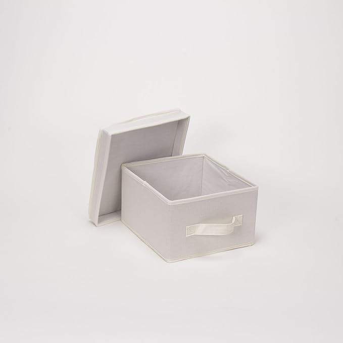 Household Essentials 111 Storage Box with Lid and Handle - Natural Beige Canvas - Medium,Natural Trim
