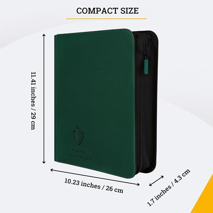Card Guardian - Toploader 4 Pocket Premium Binder with Zipper for 160 Cards - Side Loaded Pockets - Compatible with Sports and Trading Cards TCG (Green)
