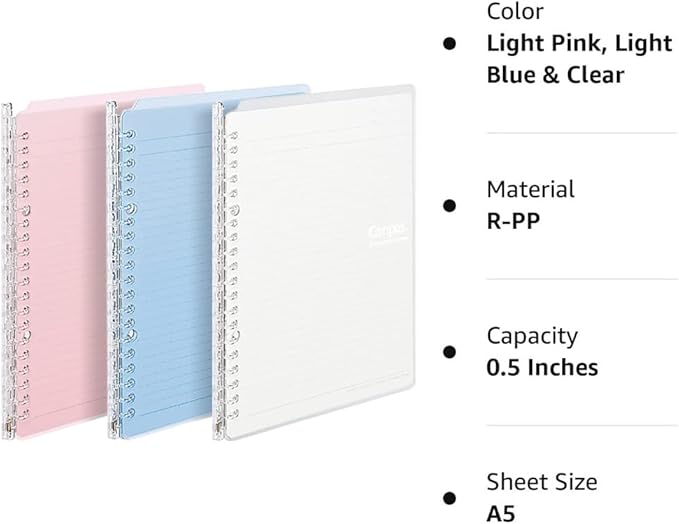 Kokuyo Campus Smart Ring Binders 3 Pack, A5 Light Colors Binder Notebooks, Up to 25 Sheets 20 Holes Slim Binder Folder with 10 Campus Sarasara Loose-leaf Paper Each for Study and Journal, Japan Import