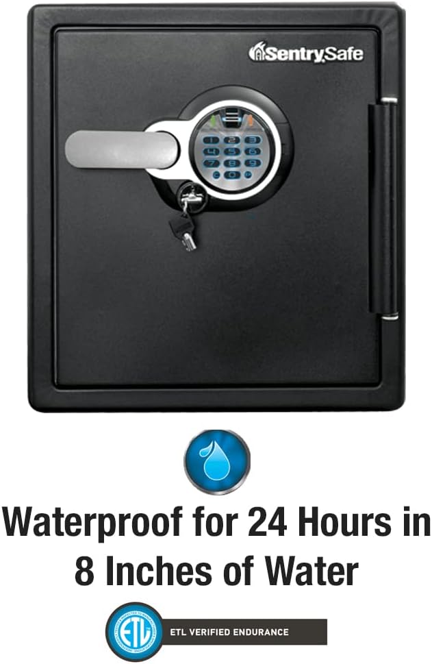 SentrySafe Fireproof and Waterproof Home Safe with Biometric Fingerprint Lock, Keypad, and Key Lock for Securing Money, Jewelry, Documents, 1.23 Cubic Feet, SFW123BTC
