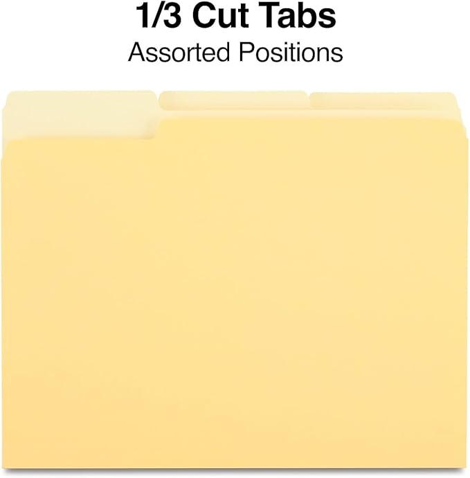 Staples File Folders, Letter Size, 1/3‑Cut Tabs, Assorted Positions, Yellow, Durable Paper Stock, 100/Pack