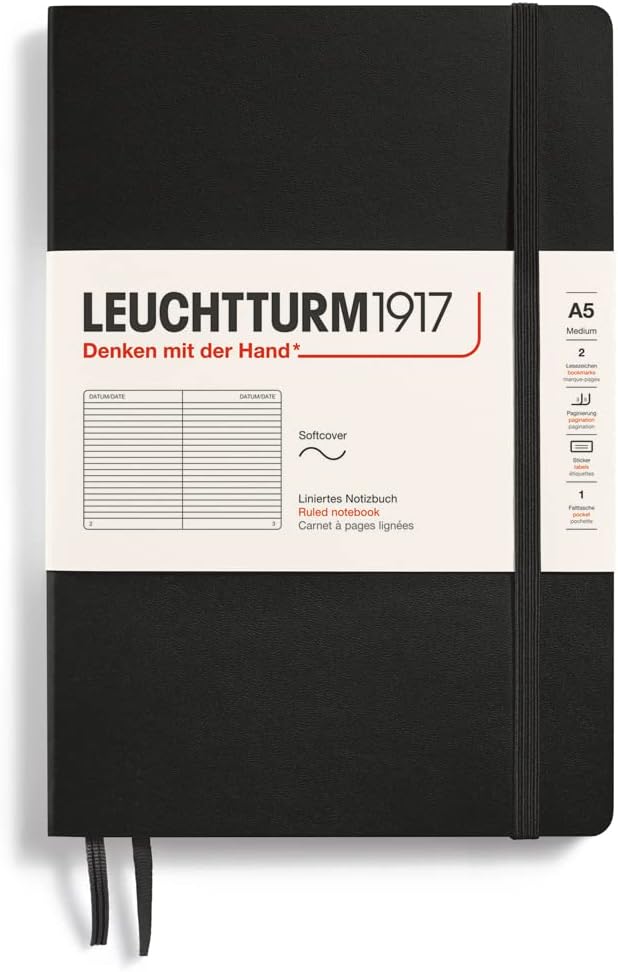 LEUCHTTURM1917 - Notebook Softcover Medium A5-123 Numbered Pages for Writing and Journaling (Ruled, Black)