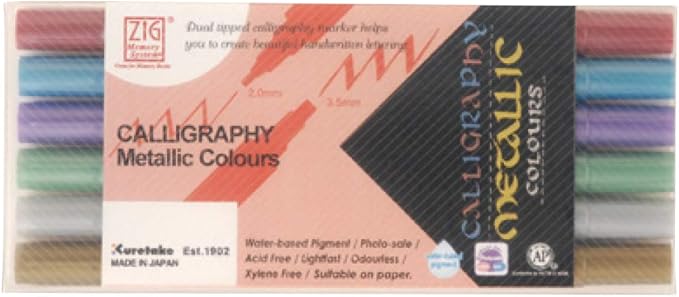 Kuretake ZIG Calligraphy Marker Pens Metallic 6 Colors set, 2mm & 3.5mm Dual Tip Markers, for Writing & Hand Lettering, for Professional, Beginner, Water-based pigments, Made in Japan