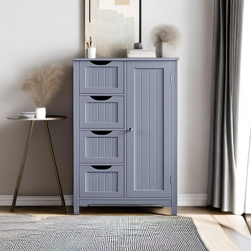 Yaheetech Bathroom Floor Cabinet, Freestanding Storage Organizer Unit Kitchen Cupboard W/ 4 Drawers & Adjustable Shelves, Using for Kitchen/Bathroom, Gray