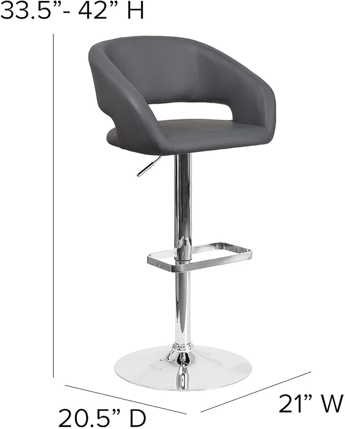Flash Furniture Erik Comfortable & Stylish Contemporary Barstool with Rounded Mid-Back and Foot Rest, Adjustable Height - Gray Vinyl with Chrome Base