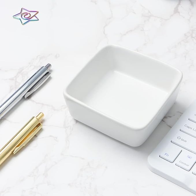 NatSumeBasics 2pcs Ceramic Paper Clip Holder Set Round and Square Paper Clips Dispenser Kit Cute White Bowl and Plate for Desk Organizer Accessories and Home School Office Supplies (White)