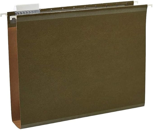 Staples Reinforced Box‑Bottom Hanging File Folders, Letter Size, 2" Expansion, 1/5‑Cut Tabs, Standard Green – 25/Box