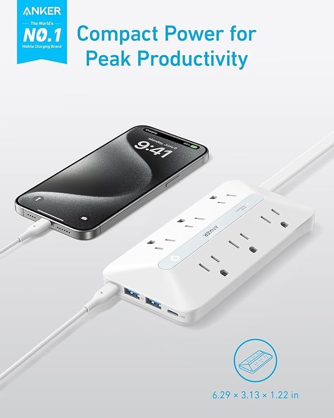 Anker Power Strip with 300J Surge Protector, Flat Plug Extension Cord with Multiple Outlets, 6 AC, 2 USB A & 2 USB C Ports for 20W, 10ft Outlet Extender, Dorm Room Essentials, Home Office