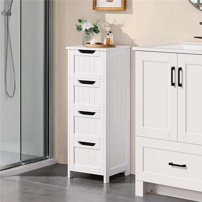 Yaheetech Bathroom Floor Cabinet, Wooden Side Storage Organizer, 4 Drawers Free-Standing Cabinet for Bathroom/Hallway/Living Room, White