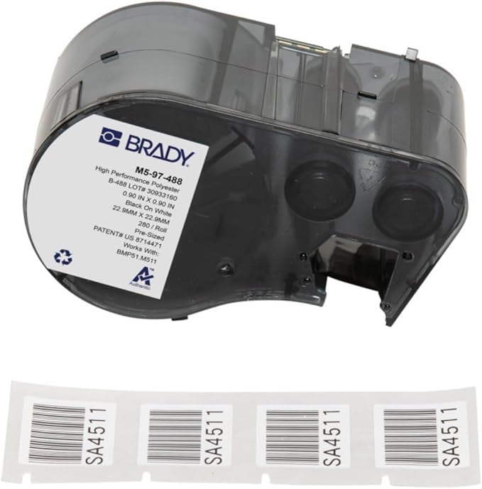 Brady Authentic (M5-97-488) Solvent Resistant Polyester Labels 0.9 in H x 0.9 in W Black on White, 280 Labels. for use with The BMP51 and M511 Label Printers