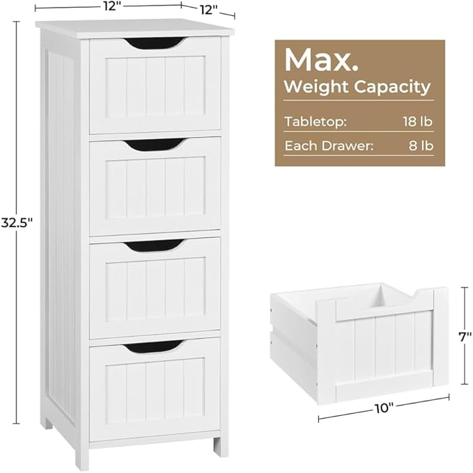 Yaheetech Bathroom Floor Cabinet, Wooden Side Storage Organizer, 4 Drawers Free-Standing Cabinet for Bathroom/Hallway/Living Room, White