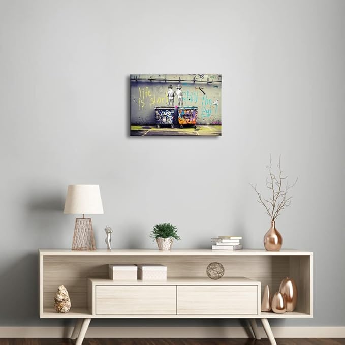 Wieco Art Gallery Wrapped Canvas Prints Life is Short Chill the Duck Out Banksy Boys Artwork Reproduction Graffiti Poster Print on Canvas Wall Art for Bedroom Home Office Decorations