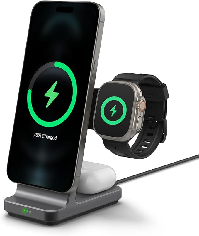 Spigen for 3 in 1 Charging Station, Qi2 MagSafe Charger Stand 15W Compatible with iPhone 17/16/15/14/13/12 Apple Watch Ultra 3/2/1 Apple Watch 11/10/9/8/7/6/5/4/3/2/1/SE AirPods Pro 3/2/1 AirPods 4/3
