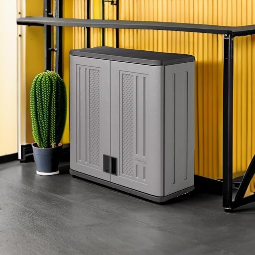 Suncast BMC3000 Cabinet-Resin Construction for Wall Mounted Garage Storage, 30.25" Organizer Doors & Slate Top, Silver/Platinum