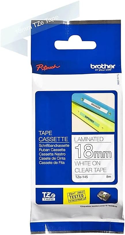 Brother P-Touch TZE145 - TZe Standard Adhesive Laminated Labeling Tape, 3/4w, White on Clear-BRTTZE145