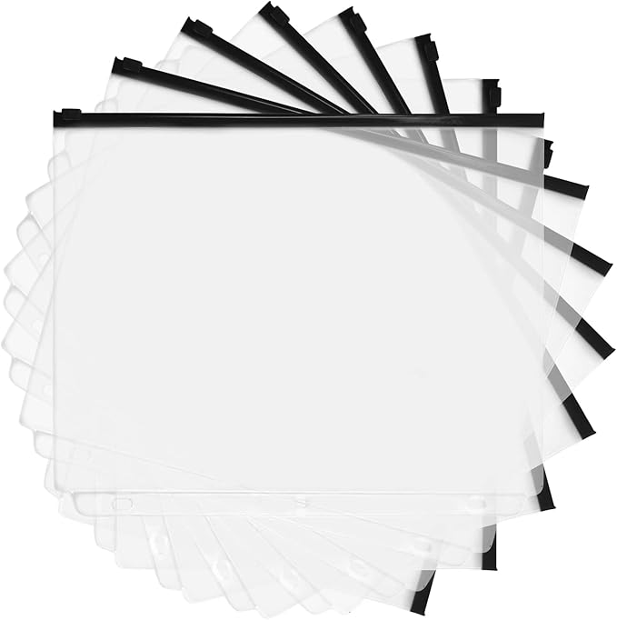 YoeeJob 3 Holes Clear PVC Zipper Binder Pocket Insert Pages Letter Size, 8 1/2"x 11 Loose Leaf Binder Filing Storage Bags 8 Packs(Black)