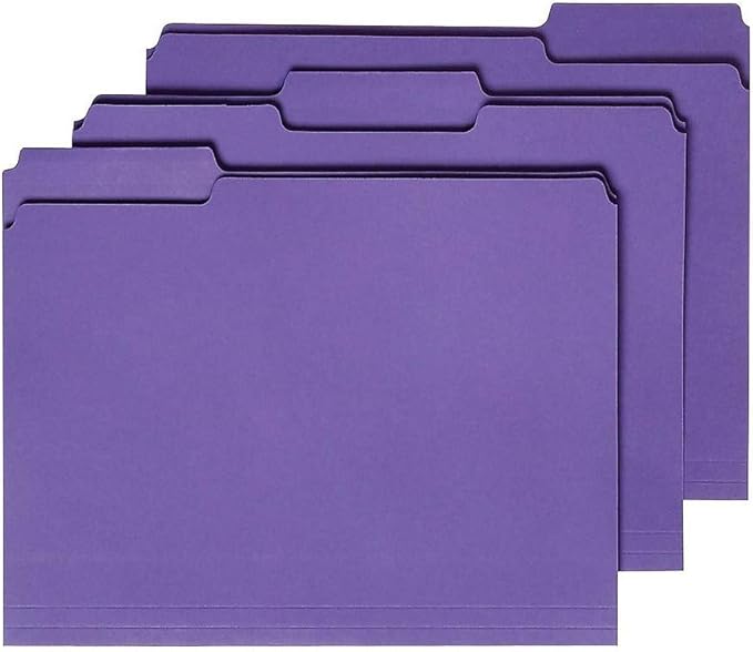 Staples Reinforced File Folders, Letter Size, 3‑Tab Design, Purple, Heavy‑Duty Construction, 100/Box