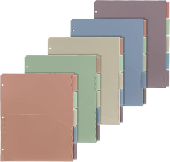 5 Sets 5 Tab Binder Dividers with Pockets for 3 Ring Plastic Binders 8.5 x 11 Inches 3 Hole Punched Page Dividers Sturdy Colorful Dividers for Office School Business Home Organizer (Boho Color)