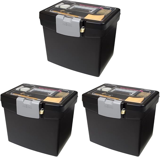 Storex 61504B02C Portable File Box with XL Lid, 11 x 13-1/2 x 11 Inches, Black (Pack of 3)