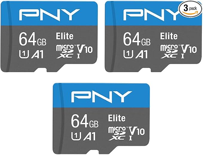 PNY 64GB Elite Mobile Accessories Class 10 U1 V10, A1 microSDXC Flash Memory Card for Mobile Devices - 100MB/s, Full HD, UHS-I, Micro SD 3-Pack