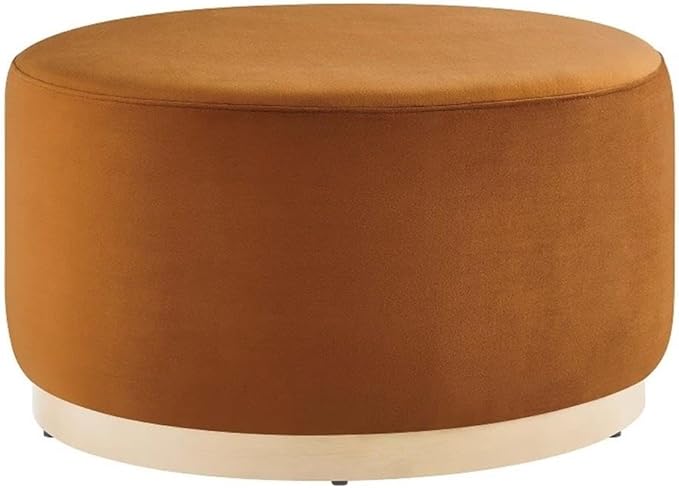 Modway Tilden 29 Inch Round Performance Velvet Upholstered Ottoman in Rust Natural - Round Ottoman Coffee Table for Living Room - Large Ottoman Foot Rest with Rubberwood Plinth Base