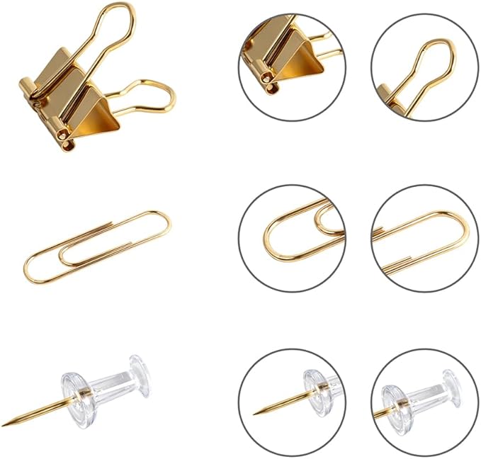 Cute Office Supplies Gold, Paper Clips, Binder Clips and Push Pins Set, Paper Organizer Clips with Storage Box
