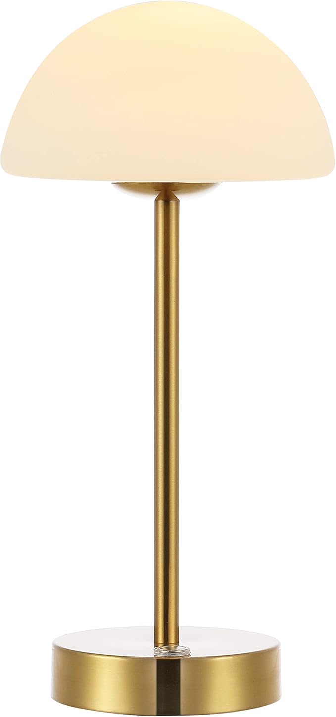 JONATHAN Y 12.5" Brass Gold/White Modern Rechargeable Portable LED Table Lamp, Cordless Dimmable Touch Accent Lamp with White Frosted Glass Shade for Bedroom Living Room Bar Vanity (JYL7109C)