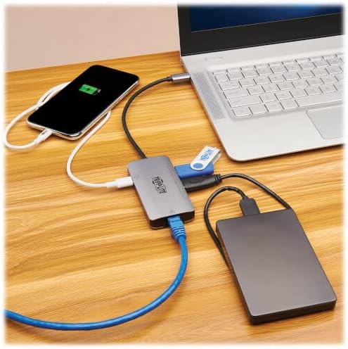 TRIPP LITE Three USB-A Ports USB-C Hub, USB 3.2 Gen 1, 5 Gbps Data Transfer, 100W Power Delivery Charging 20V 5A, Gigabit Network Port, Sturdy Aluminum Housing, 3-Year Warranty (U460-003-3AGALC)