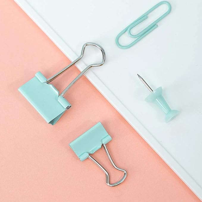Paper Binder and Clips Set, Metal Assorted Sized Binders with Push Pins, Cute Office Supplies, Teacher Desk Must Haves, Cute Desk Accessories, Green, 1 Pack