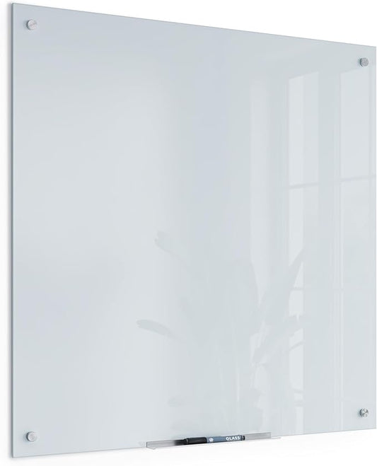 U Brands Glass Dry Erase Board, 36" x 36", 3'x3', White Frosted Surface with Silver Grommets, Frameless, Includes Marker
