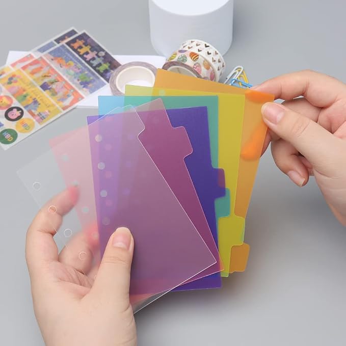 2 Pack A7 Binder Dividers 6 Tabs Bright Color Plastic Binder Index Tabs Planner Divider for Round Ring Binder Sheet Protector (Transparent, 12 Dividers)